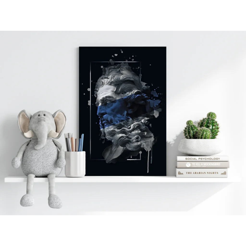 Stylized gray-blue abstract bust in black frame, Blue Splatter Ancient print