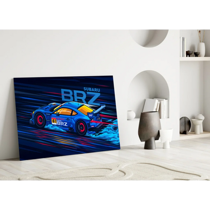 Vibrant Blue Subaru BRZ wall art poster with dynamic racing lines