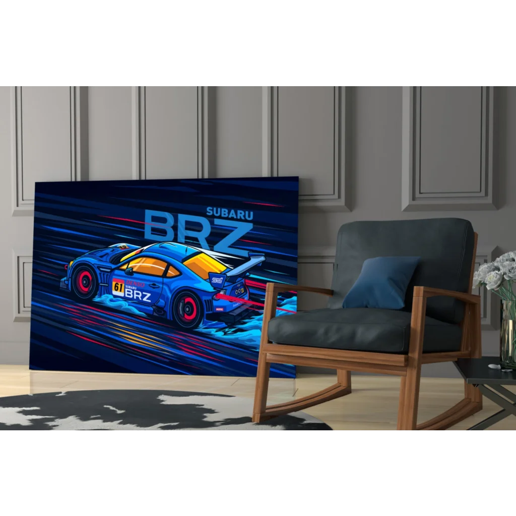 Vibrant Blue Subaru BRZ racing wall art poster with dynamic lines