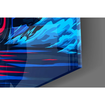 Vibrant blue Subaru BRZ racing wall art with red wave acrylic design