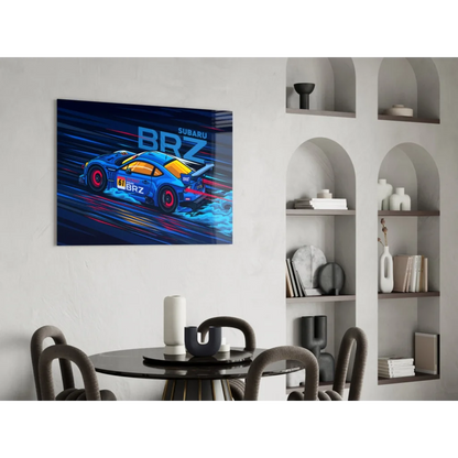 Blue Subaru BRZ racing wall art poster with dynamic lines on black frame