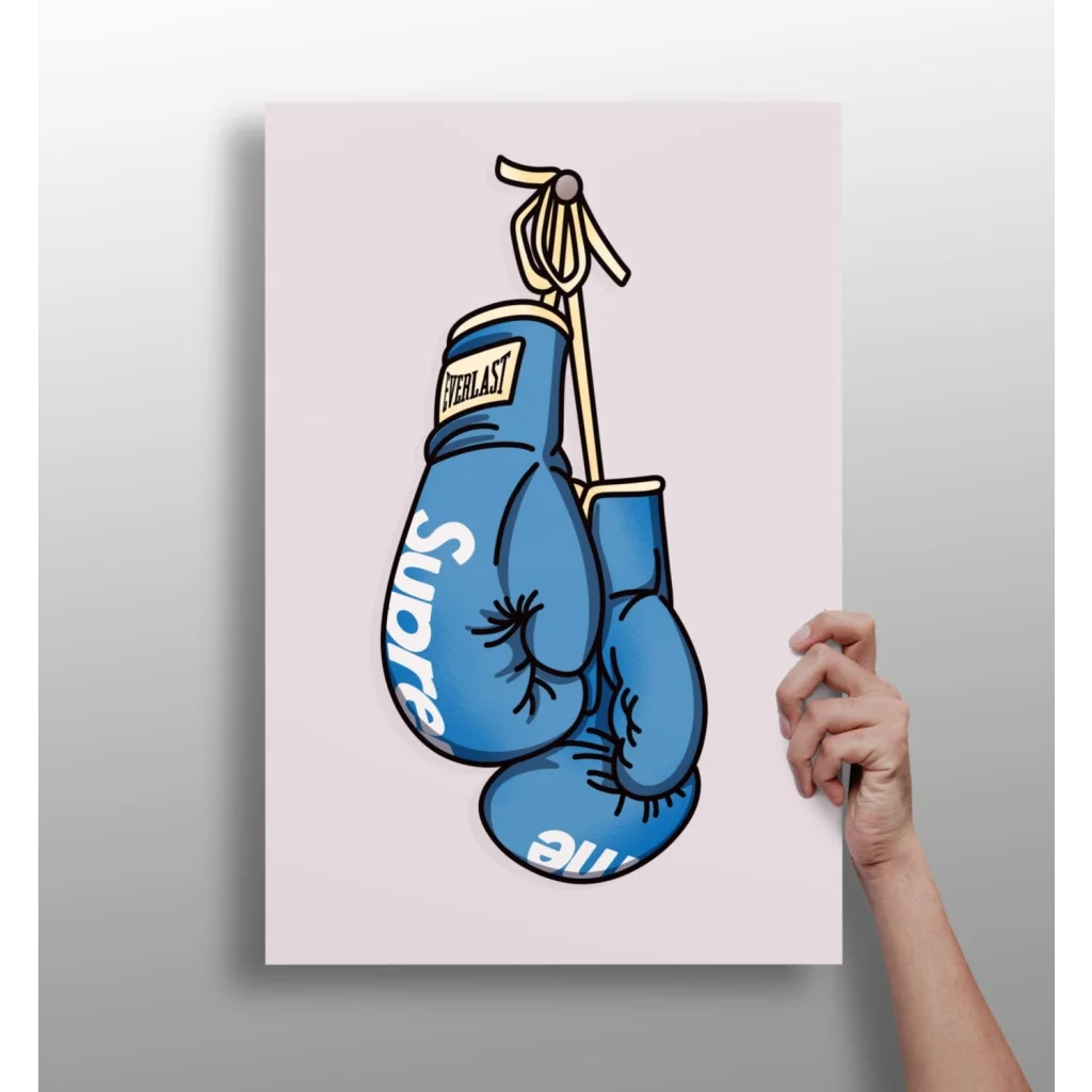 Blue Everlast Supreme boxing gloves with white text and laces art print