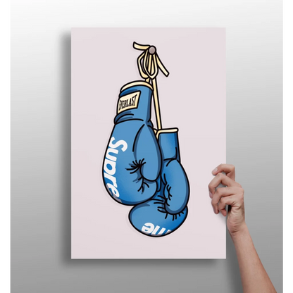Blue Everlast Supreme boxing gloves with white text and laces art print