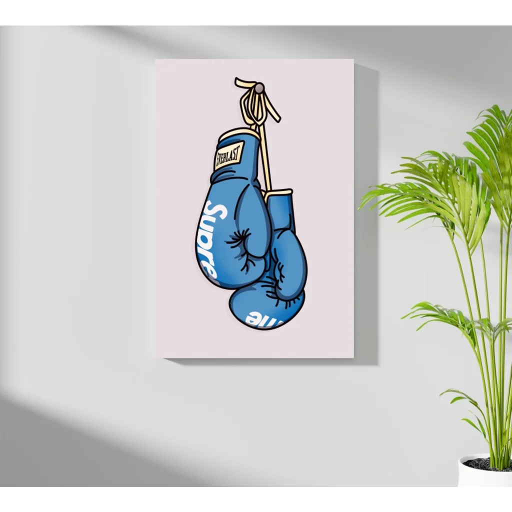 Blue Supreme Boxing Glove art print with gloves hanging on wall