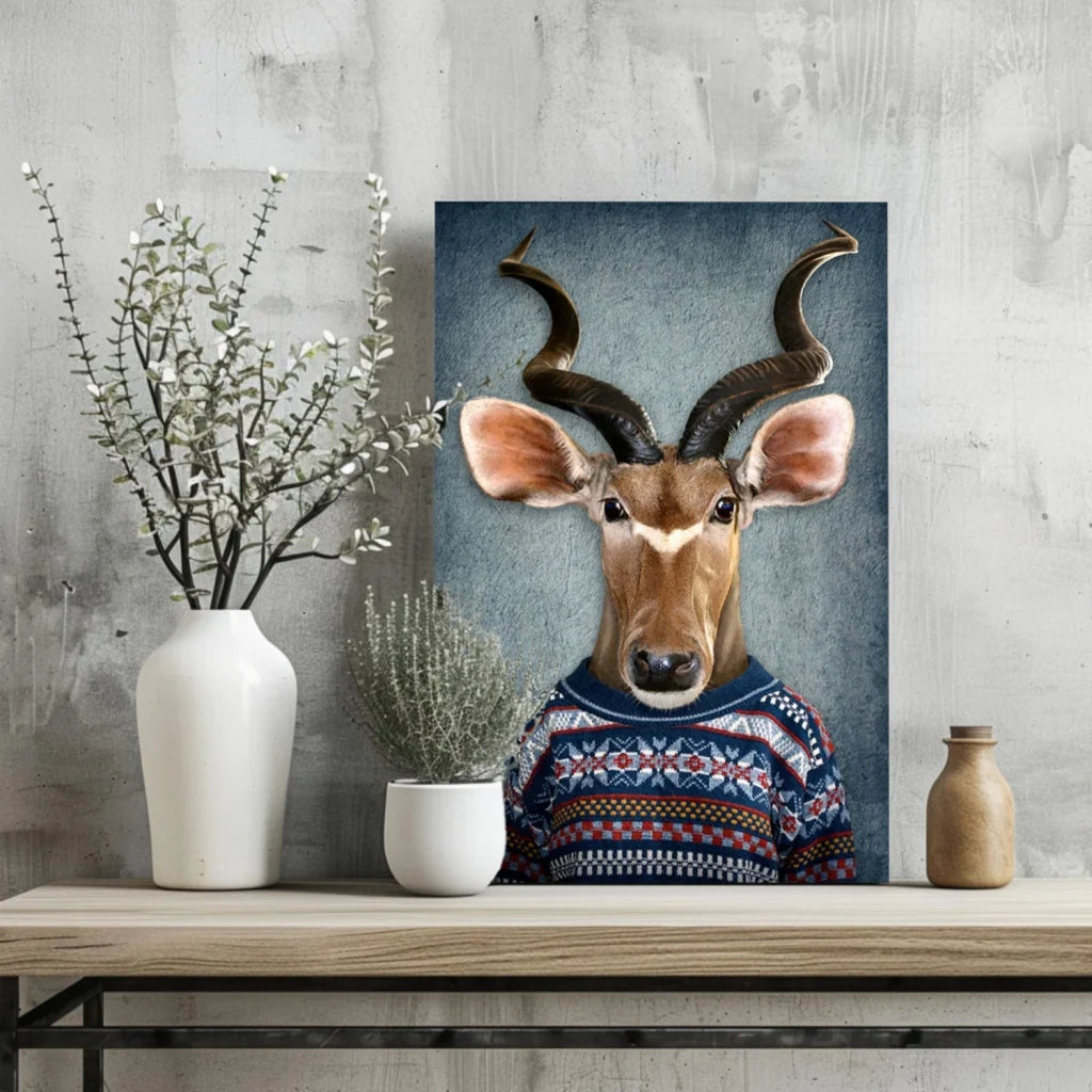 Blue antelope sweater canvas art print on wooden shelf