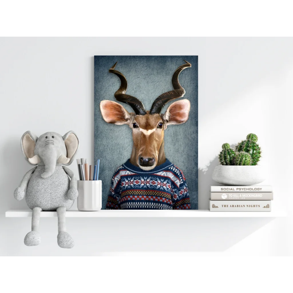 Cute elephant plush toy in gray fur with floppy ears on blue sweater antelope art print