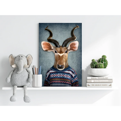 Cute elephant plush toy in gray fur with floppy ears on blue sweater antelope art print
