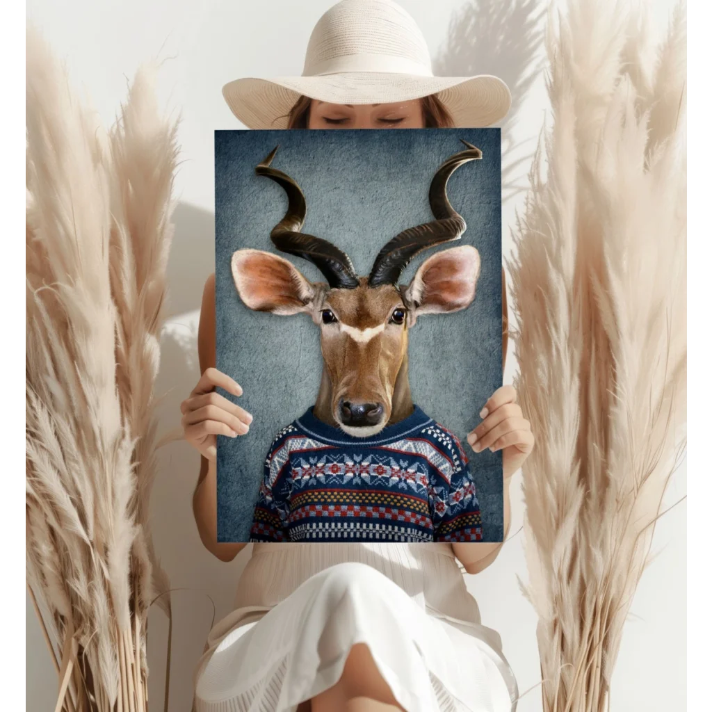 Brown antelope in cozy sweater on blue canvas art print for modern homes
