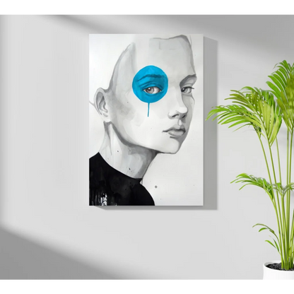 Striking black-and-white Blue Tear Portrait canvas with vibrant blue eye drip