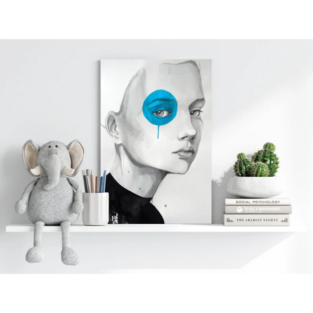 Stylized black-and-white portrait canvas with blue eye and tear drip on white shelf