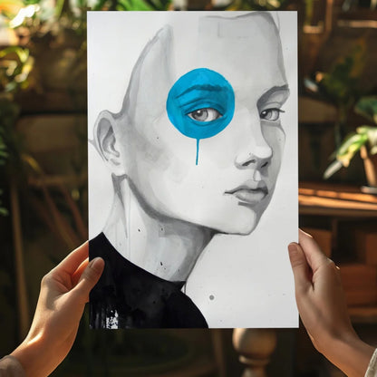 Striking Blue Tear Portrait Canvas Wall Art in black-and-white