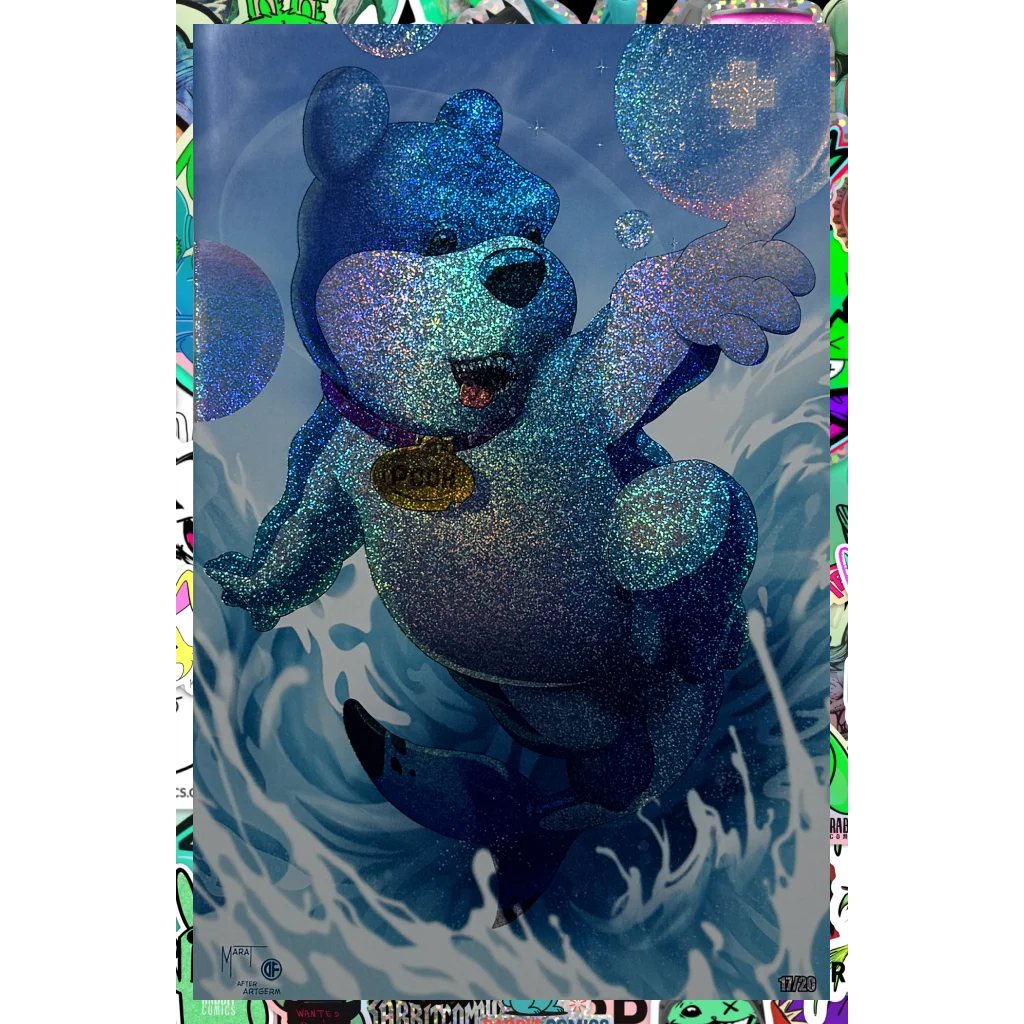 Blue glittery teddy bear plush with gold chain and white paw print