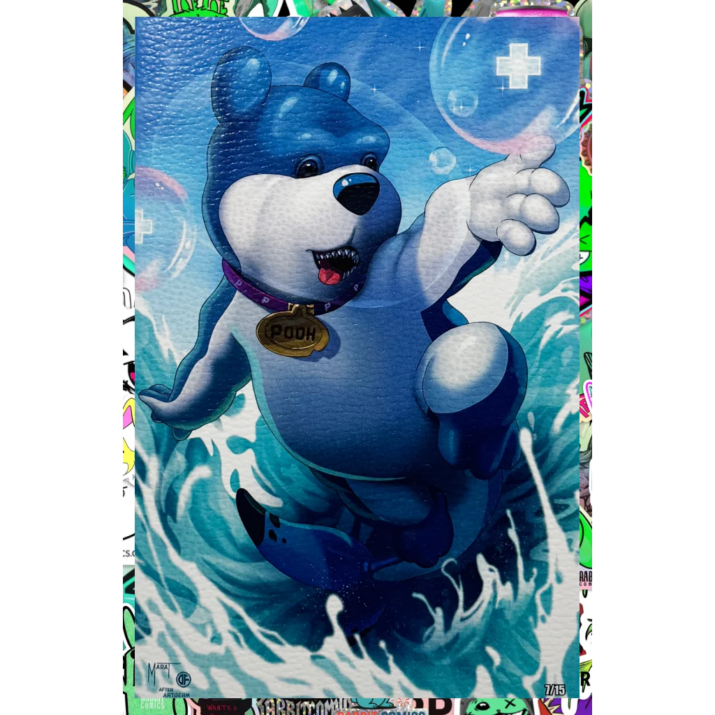 Cute blue teddy bear plush with gold collar, paw print, medal, and bubbly packaging