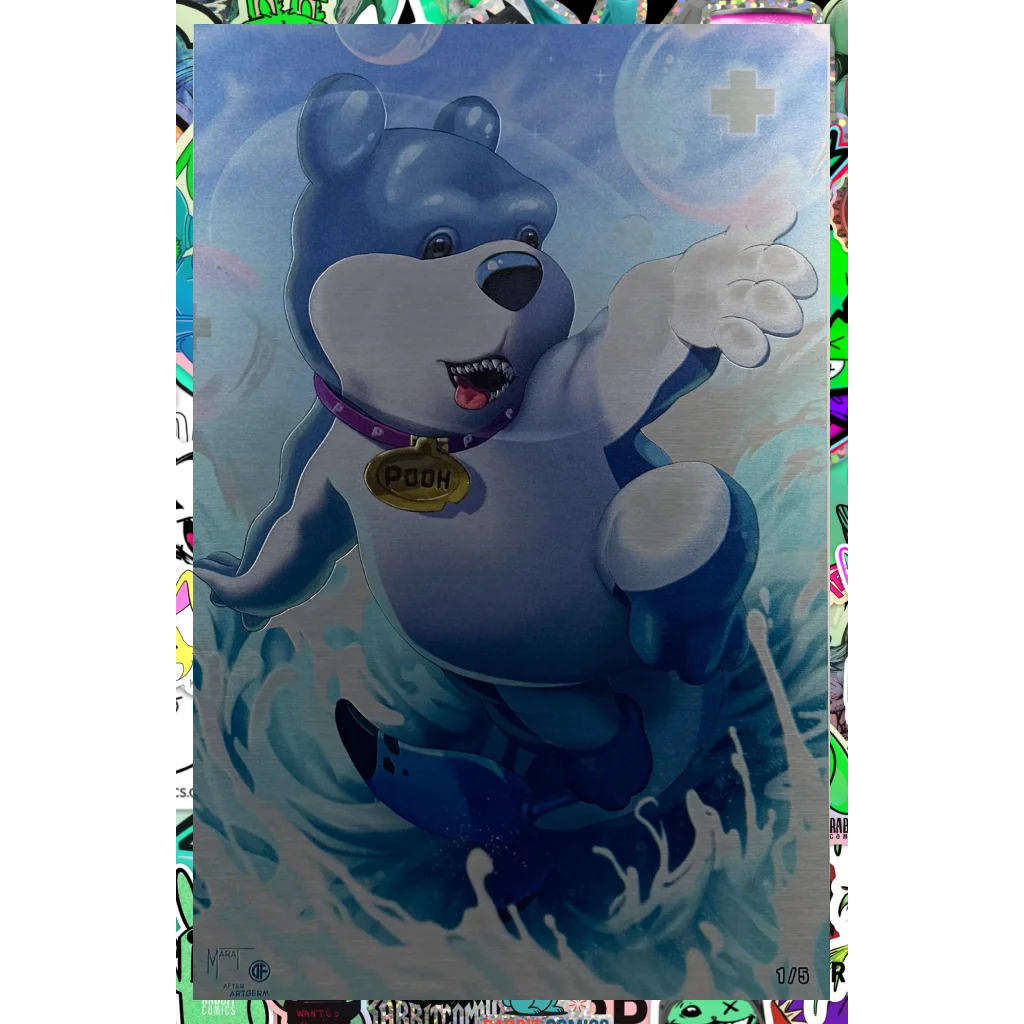 Blue teddy bear plush toy with gold collar and paw print design