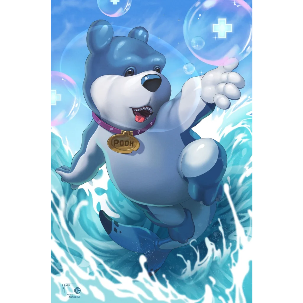 Blue Teddy Bear Plush with Gold Collar in Bubbles