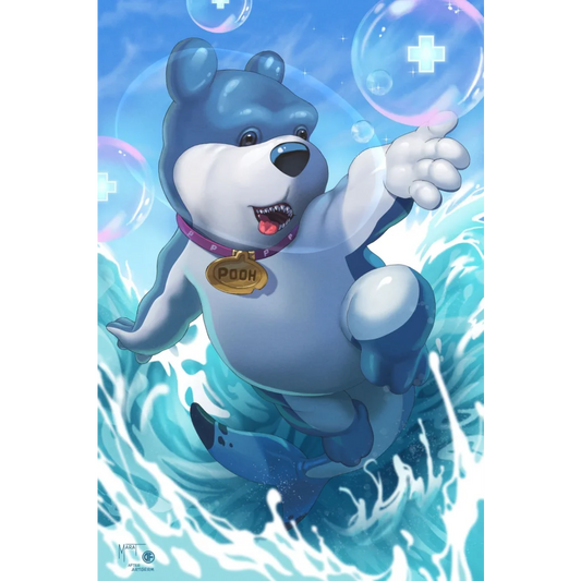 Blue Teddy Bear Plush with Gold Collar in Bubbles