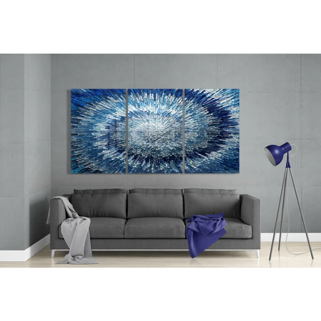Vibrant blue burst glass wall art triptych with radial metallic texture