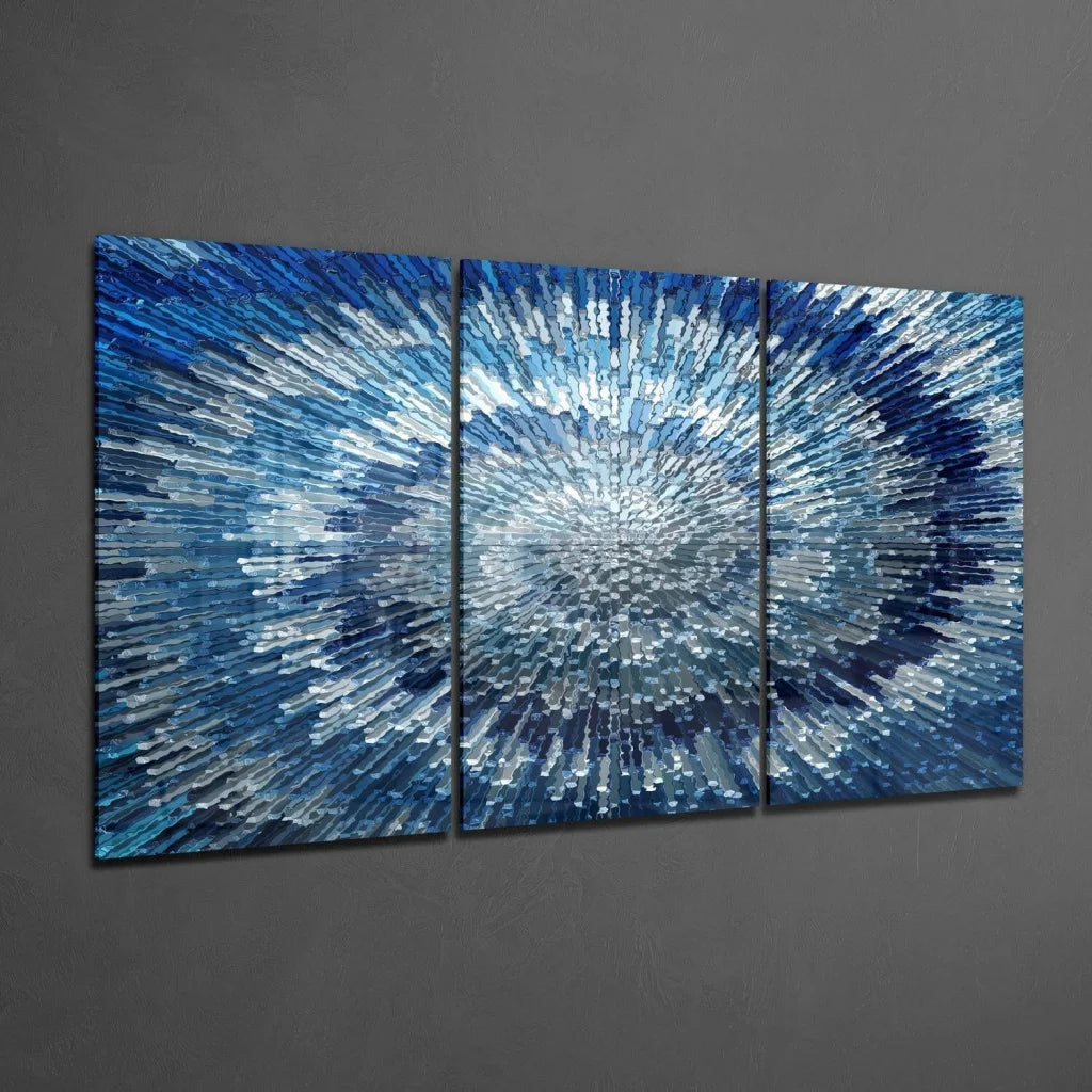 Stunning Blue Burst glass wall art triptych with abstract textured brushstrokes
