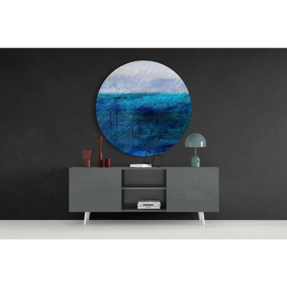 Stunning ocean blue tempered glass art with textured hues on gray console