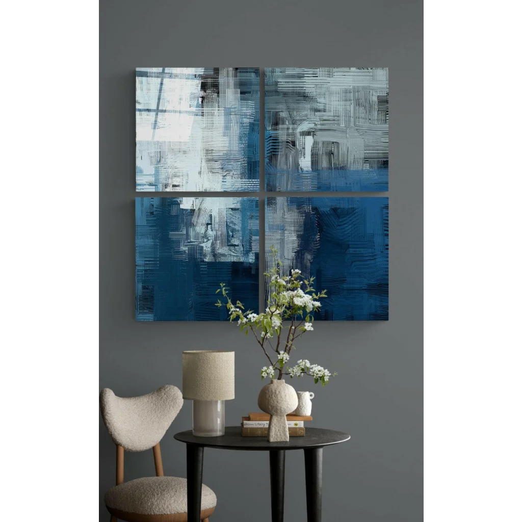 Stunning blue white glass wall art four panel set