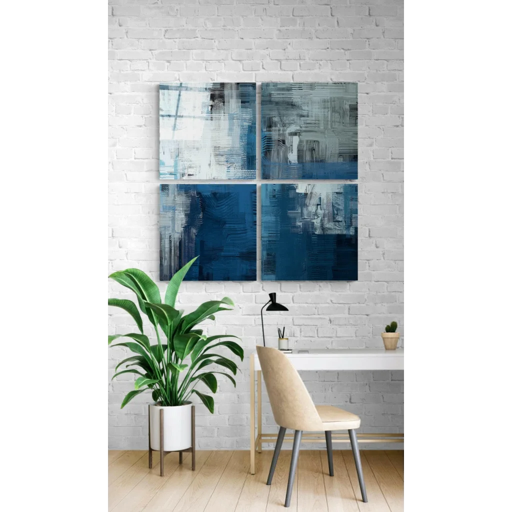 Stunning blue white glass wall art four panel set in grid