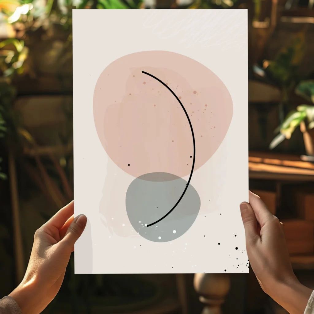 Blush and Gray Abstract Circles aluminum print with soft blush, muted gray circles, black curve, and speckles on white