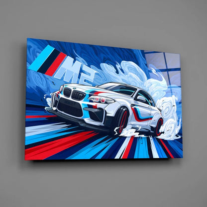 BMW M3 poster with blue red white racing stripes wall art canvas print