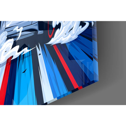 Blue and red Nike swoosh on white BMW M2 racing stripes wall art