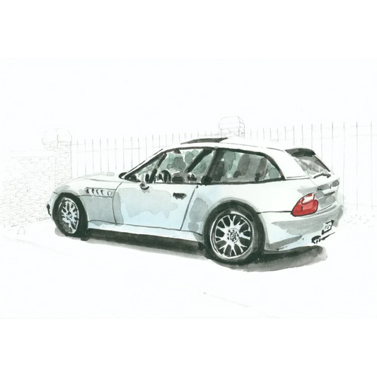 Watercolor art print of silver BMW Z3 M Coupe convertible with black wheels