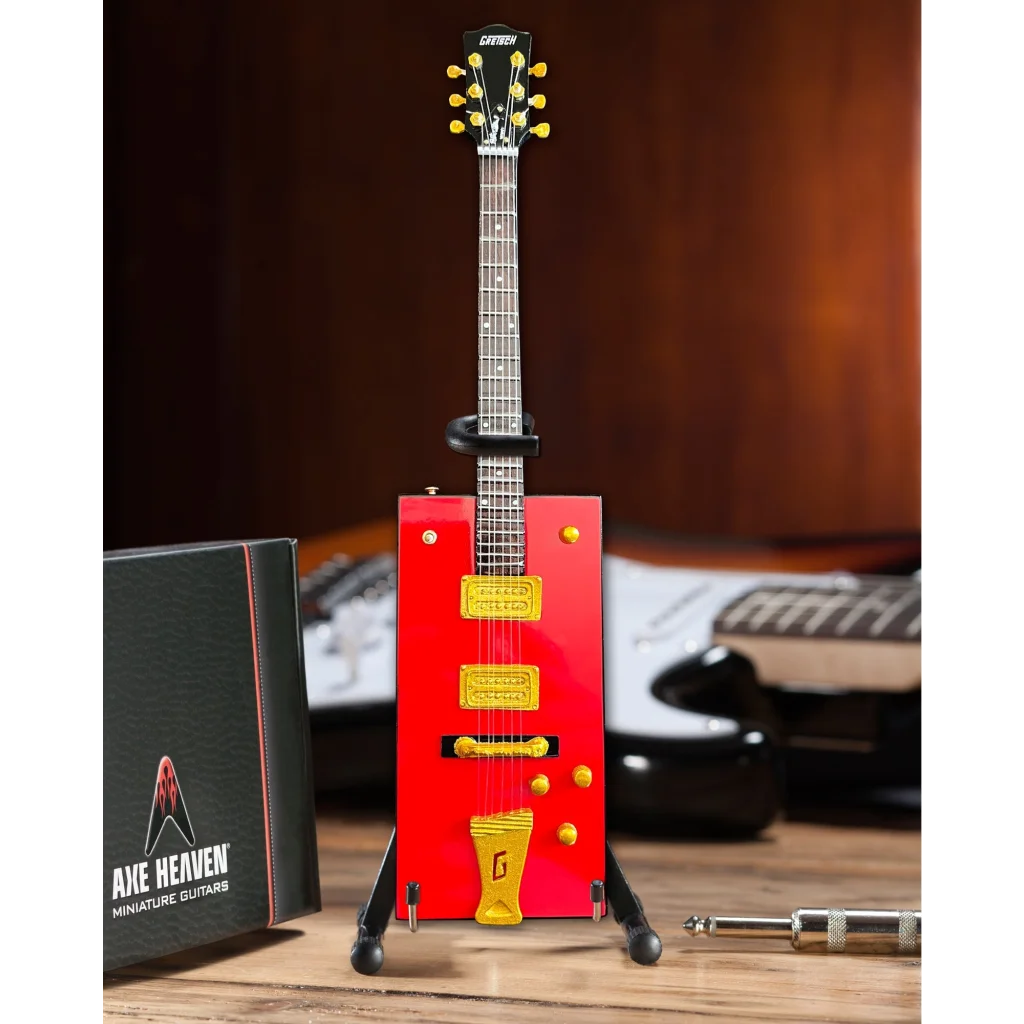 Red Axe Heaven Bo Diddley mini guitar with case gift on adjustable A-frame stand