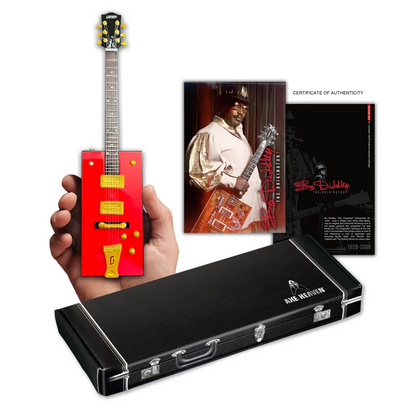 Red Axe Heaven Bo Diddley mini guitar in black guitar case gift