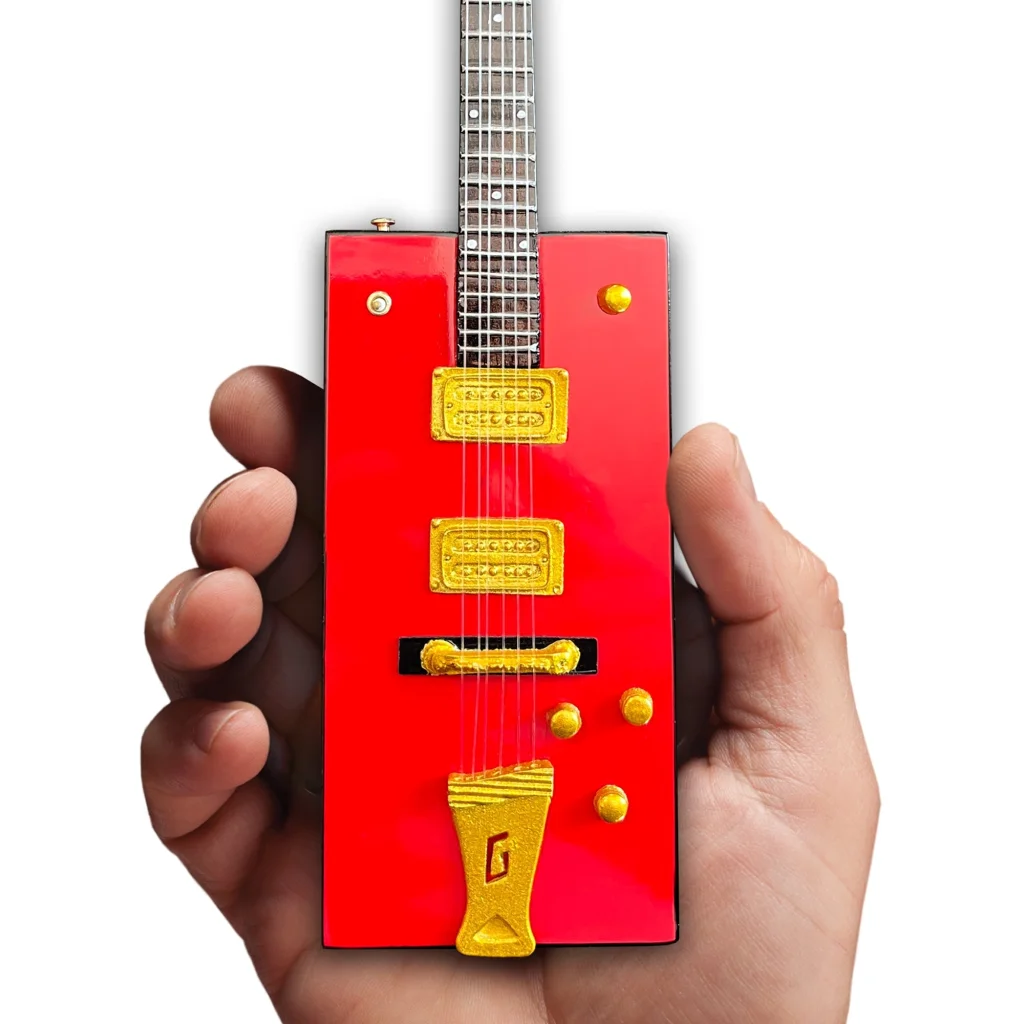 Red and gold Axe Heaven Bo Diddley mini guitar toy with case gift