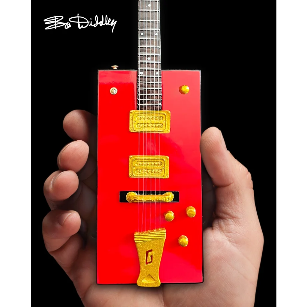 Red and gold Axe Heaven Bo Diddley mini guitar toy with case gift
