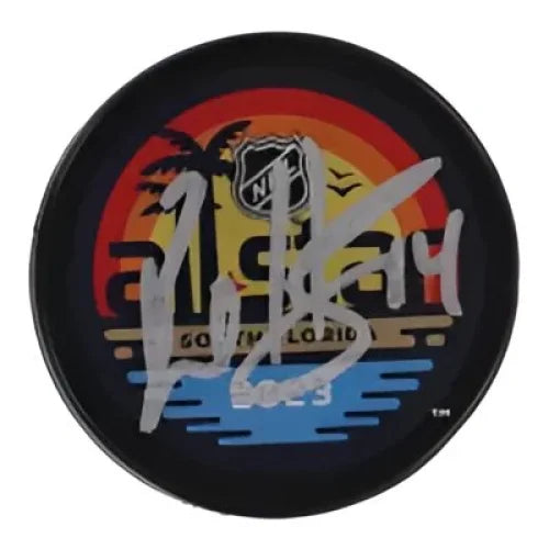 Bo Horvat signed 2023 All-Star Game hockey puck with sunset beach scene graphic