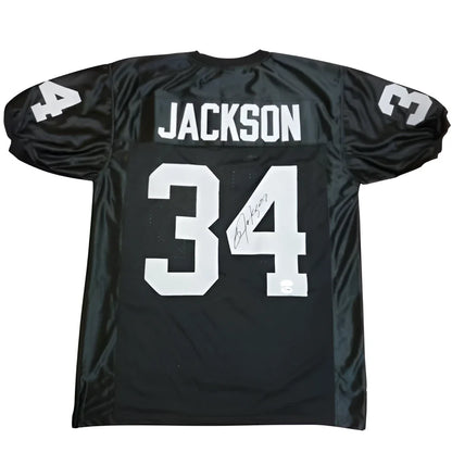 Bo Jackson autographed black Oakland Raiders jersey with white Jackson 34 and signature