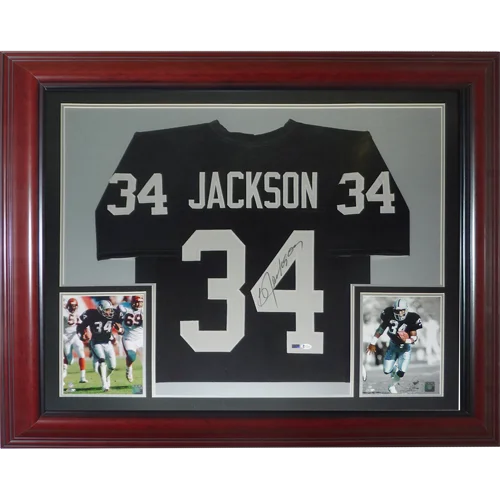 Bo Jackson autographed Oakland Raiders deluxe framed jersey black #34 back