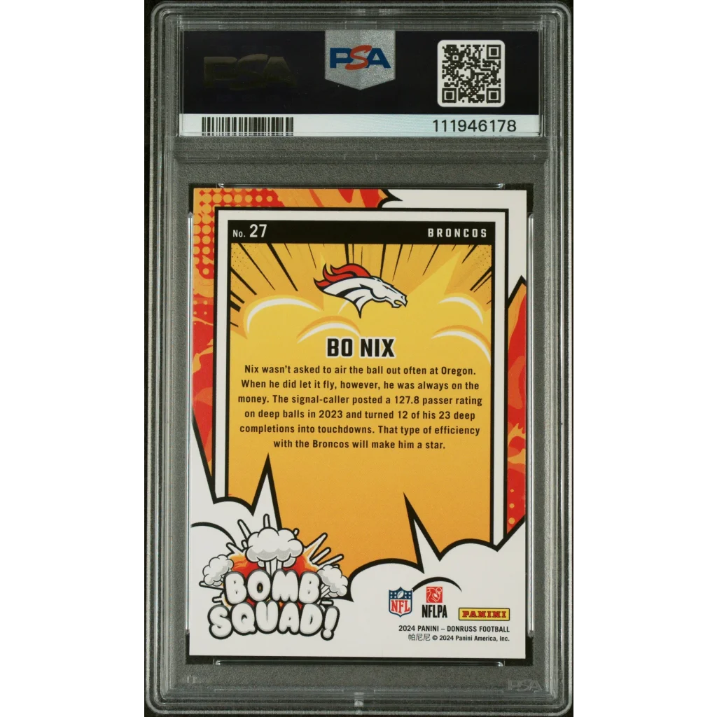 2021 Panini Bo Nix Bomb Squad orange-yellow Broncos card, PSA graded