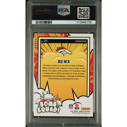 2021 Panini Bo Nix Bomb Squad orange-yellow Broncos card, PSA graded