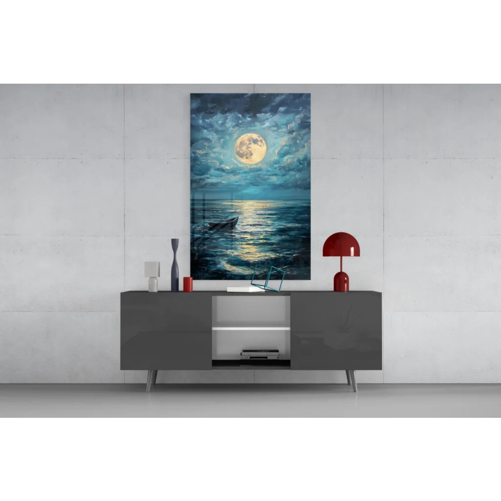 Moonlit ocean boat glass wall art with blue gold seascape in acrylic frame