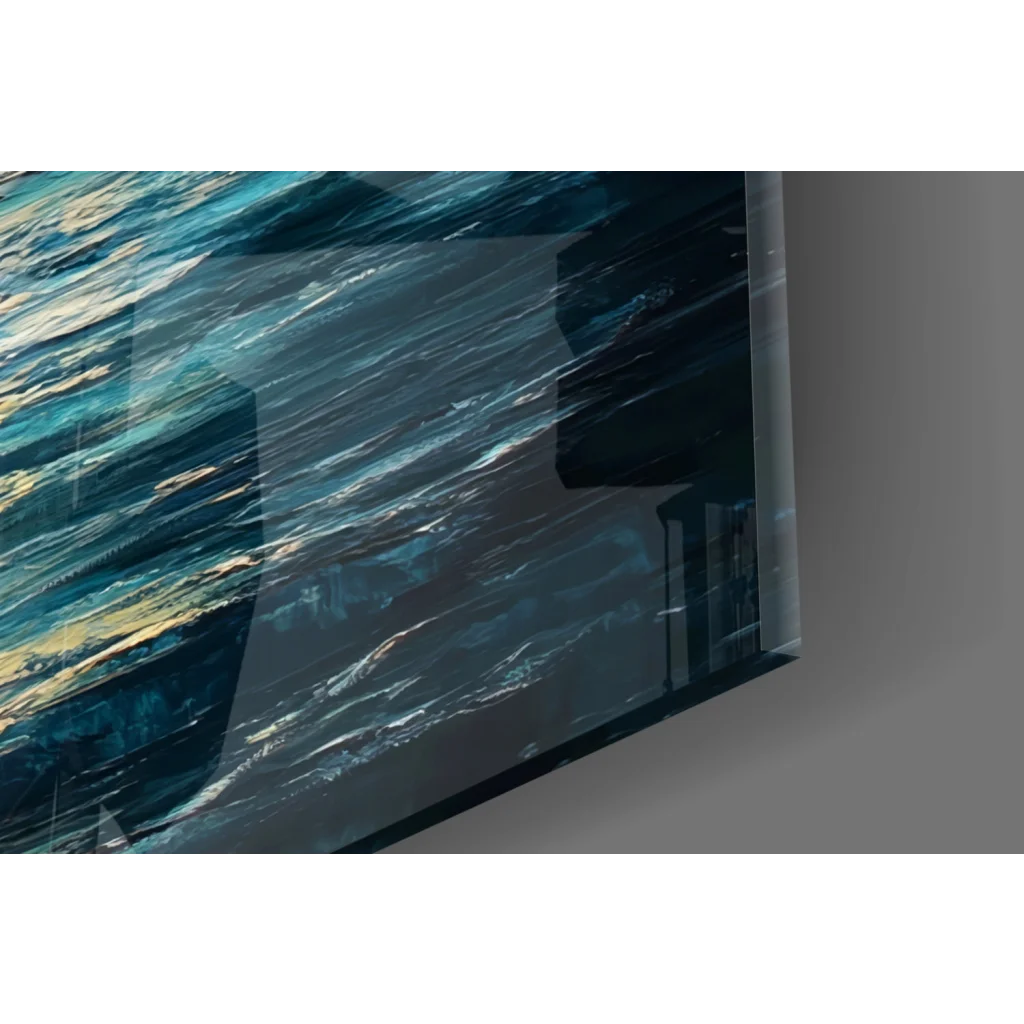 Moonlit ocean boat glass wall art with vibrant waves on sleek TV