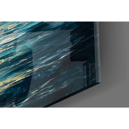 Moonlit ocean boat glass wall art with vibrant waves on sleek TV