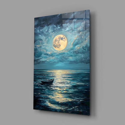 Luminous moonlit ocean waves with boat glass wall art