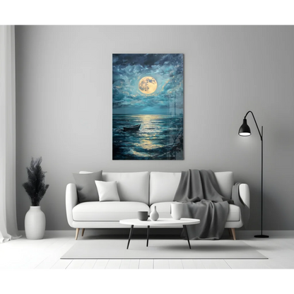 Moonlit ocean boat canvas wall art with glowing full moon over sea