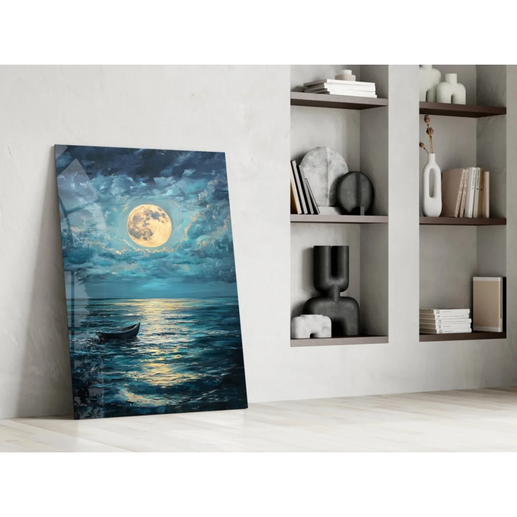 Serene moonlit ocean boat wall art canvas print