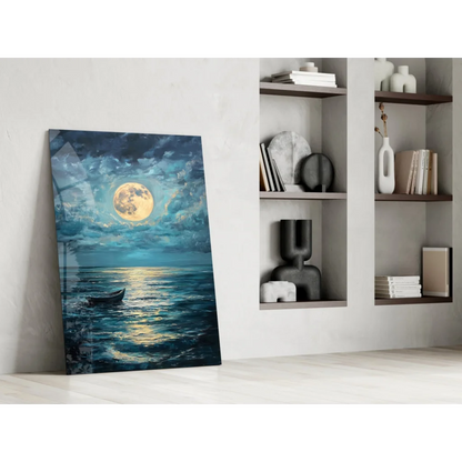 Serene moonlit ocean boat wall art canvas print