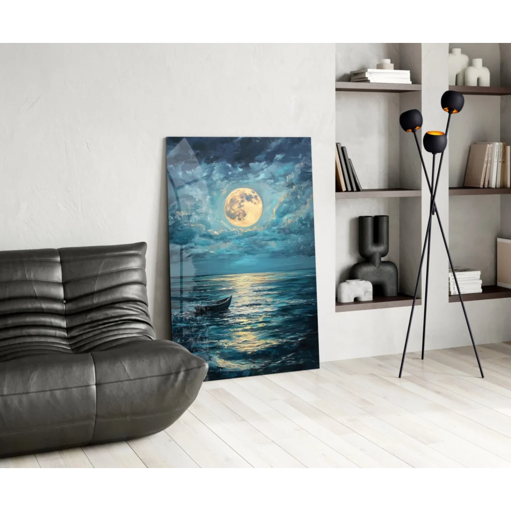 Moonlit ocean boat canvas wall art with glowing full moon and calm waters