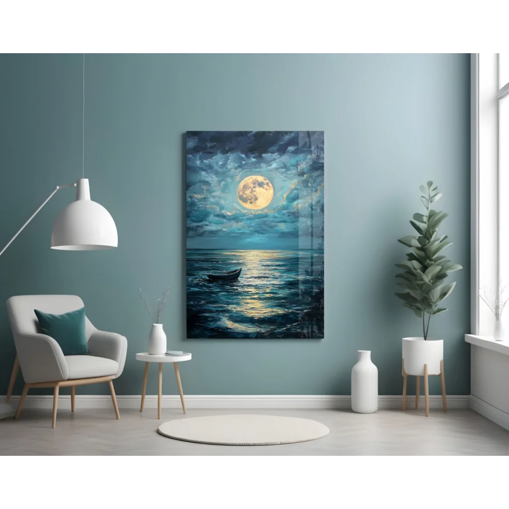 Serene moonlit ocean boat wall art canvas print
