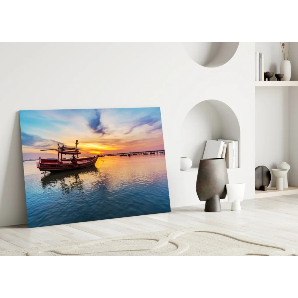 Stunning sunset fishing boat glass wall art print