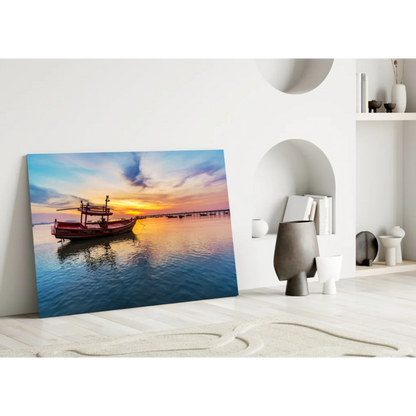 Stunning sunset fishing boat glass wall art print