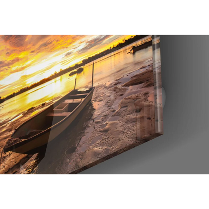 Framed sunset boat scene on tempered glass art for walls